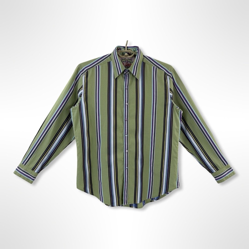 Robert Graham Mens L Green Stripe Contrast Cuff Designer Button Up Shirt